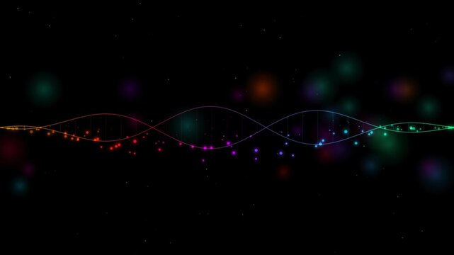 Abstract colorful glowing DNA strand helix and genetics data motion graphics seamless loop animated background