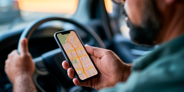 Fleet driver using smartphone navigation for delivery route tracking inside vehicle, logistics and fleet management concept