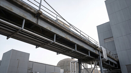 Naklejka premium Industrial facility with metal pipeline bridge, steel structure, and large storage dome under a cloudy sky, representing energy production and manufacturing infrastructure