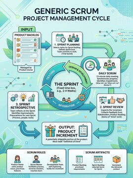 Scrum framework infographic showing agile project management methodology with software development lifecycle stages and key team roles for professional business