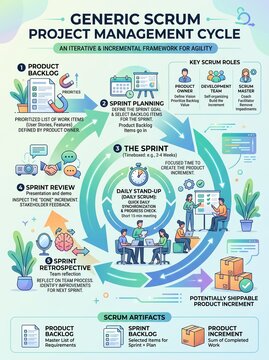 Scrum project management cycle infographic showing iterative agile development process with key roles artifacts and visual workflow steps for teams