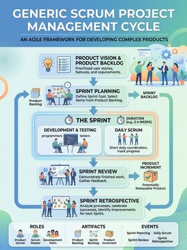 Scrum project management cycle infographic showing agile software development process with team collaboration steps and workflow icons for business planning