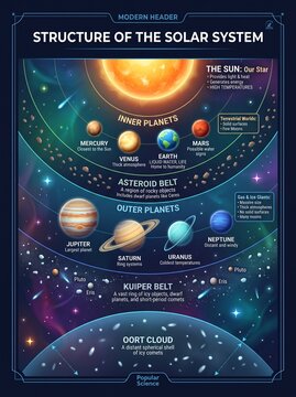 Solar system infographic illustration displaying planets orbits asteroid belt sun and Kuiper belt in a detailed colorful educational space design