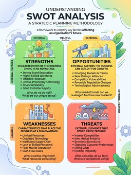 SWOT analysis infographic chart showing strategic business planning methodology with colorful boxes explaining internal strengths, weaknesses, opportunities, and external threats factors