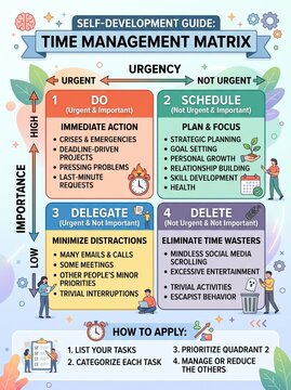 Time management matrix infographic showing urgent and important quadrants for personal productivity, strategic planning, goal setting, and effective business workflow organization