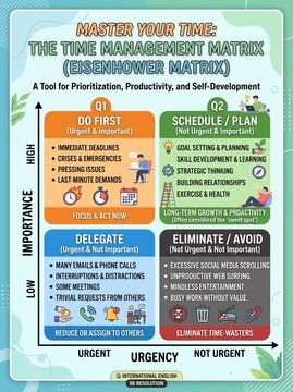 Eisenhower matrix infographic showing time management strategies for productivity, organization, professional planning, and effective task prioritization in a corporate environment