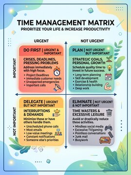 Time management matrix infographic showing urgent and important tasks for professional business planning, productivity improvement, and efficient daily goal setting strategies