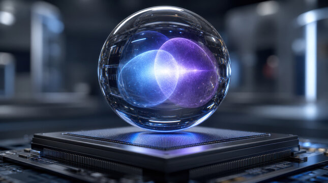 Transparent glass sphere floating above dark quantum computing platform with blue and purple light, futuristic laboratory setting, and reflective technology