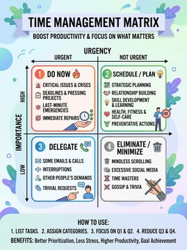 Time management matrix infographic illustrating Eisenhower productivity framework with four colorful quadrants for organizing daily business tasks and strategic goals effectively
