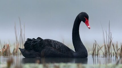 Naklejka premium A black swan with a red beak glides calmly through calm water surrounded by reeds in a misty environment