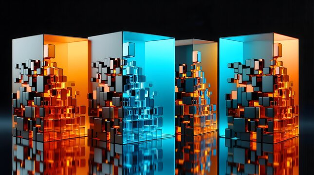Abstract 3D render of futuristic glowing data blocks and server modules illuminated in neon cyan and orange light. Sci-fi technology background representing big data, quantum computing, cloud storage,