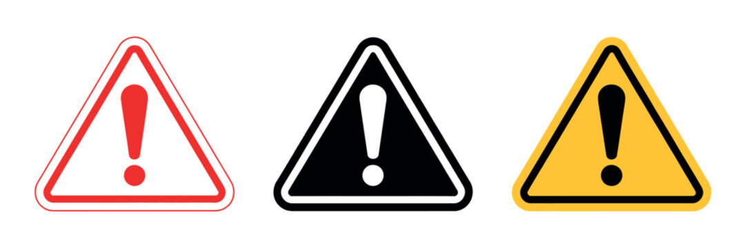 Warning triangle icons set. Exclamation mark symbol. Simple pictogram for hazard alert, caution sign, system error, risk attention, website notifications and UI design.