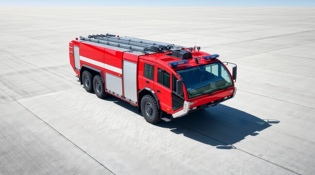 Modern red airport crash tender fire truck parked on airfield runway, heavy aircraft rescue firefighting vehicle 3D render.