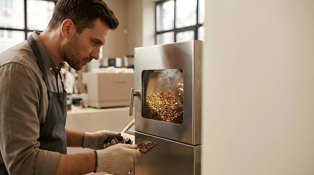 Skilled barista meticulously oversees the artisan coffee bean roasting process in a contemporary cafe, ensuring optimal flavor development for a delightful beverage experience