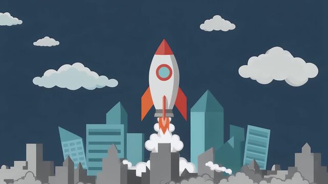 Dynamic illustration of a rocket launching into the sky above a modern city, symbolizing a powerful business startup, rapid innovation, and future growth success