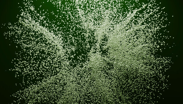 Cluster of white foam bubbles dispersing over dark green background