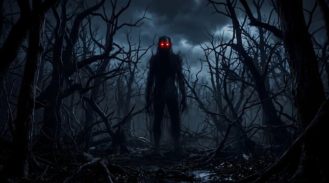 A mysterious hooded figure standing in a dark and eerie forest at night with glowing red eyes