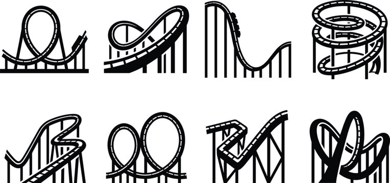 Black Roller Coaster Track Silhouette Icon Set with Loops Drops Twists and Curves for Amusement Park Designs