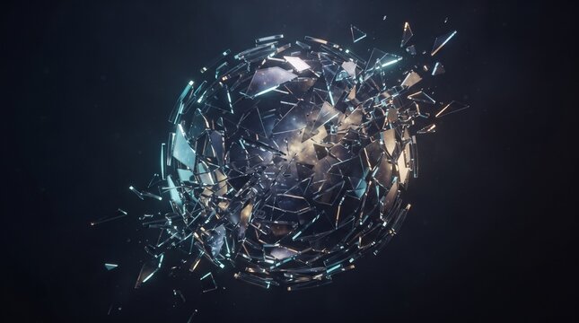 Shattered glass sphere exploding in dark space, broken crystal ball with flying shards, cinematic metallic fragments bursting