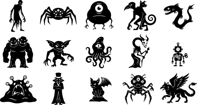 Collection of black silhouettes depicting mythical creatures and monsters against a white background arachnid beast chimera creature cryptid demon