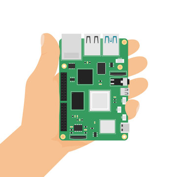 Hand holding green generic single-board computer (SBC) circuit board, flat vector illustration
