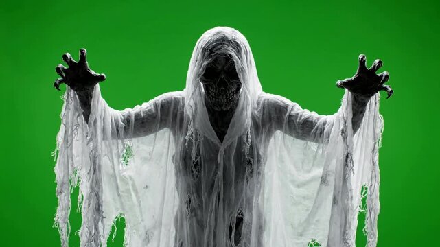 Scary ghost character with reaching hands on green screen for halloween horror projects phantom spirit