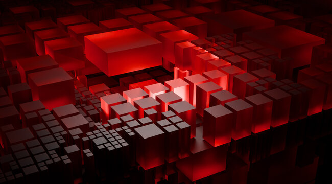 Abstract Red Glowing 3D Render Of A Futuristic Data City Block Landscape Representing Complex High Performance Computing Infrastructure And Network Technology.