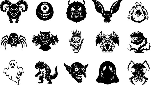 Collection of black silhouette monster shapes featuring creatures like a ram arachnid bat cerberus chimeric cyclops demon devil dinosaur