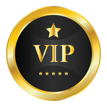 Elegant golden and black VIP badge with a prominent star and five rating stars, signifying exclusive access and premium membership.