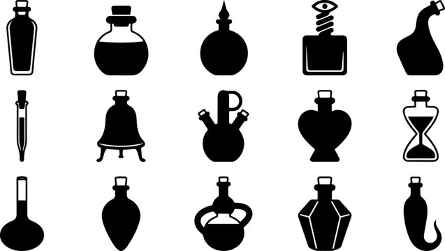 A collection of black silhouette bottles flasks and vessels are displayed against a white background containers silhouettes transparent graphic