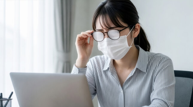 感染症対策のマスク着用でメガネのレンズが曇り困惑するパソコン操作中の女性