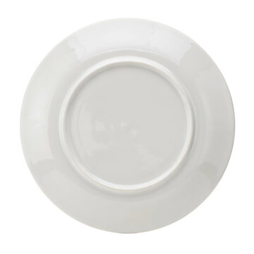 Underside view of a plain white ceramic dinner plate showing the circular foot rim and smooth glazed surface isolated on a transparent background