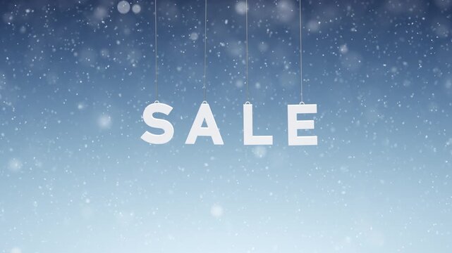 Concept sale swinging word on looped snowfall on blue day sky light copy space background.