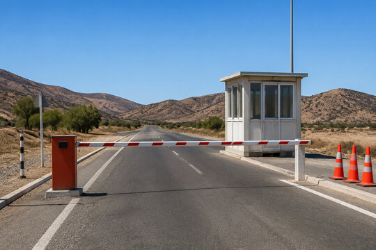 Empty road checkpoint with lowered red and white barrier arm, guard booth and cones, security and traffic control concept