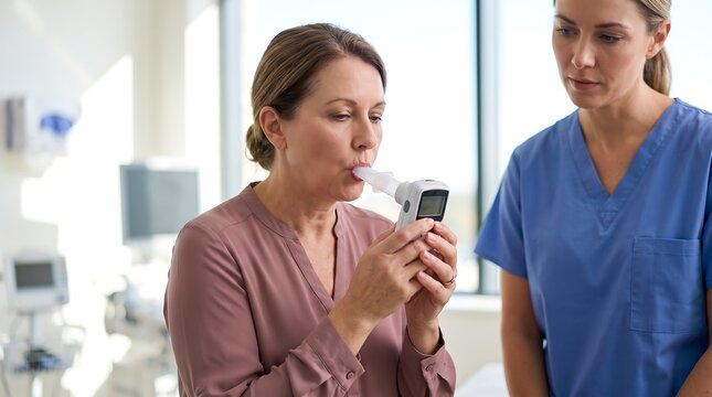 A woman performs a pulmonary function test using a spirometer while a nurse observes her.