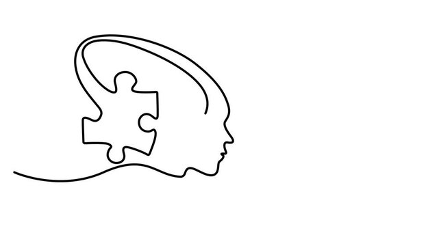 Animated self drawing of continuous line draw head Puzzle with Question Mark .Trendy line art vector on a white background. Head drawn one line vector. Full length one line animation. 4K video