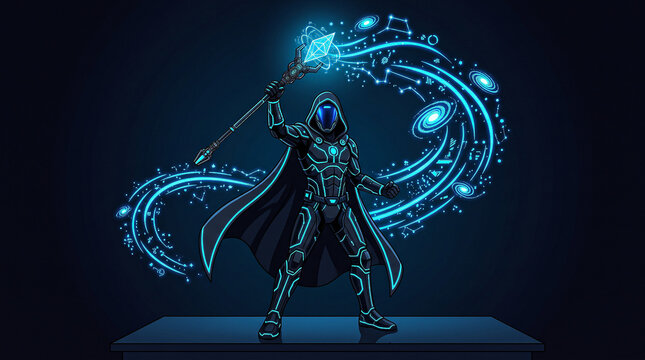 Cyberpunk Neon Sorcerer Casting Quantum Holographic Magic with Mechanical Staff