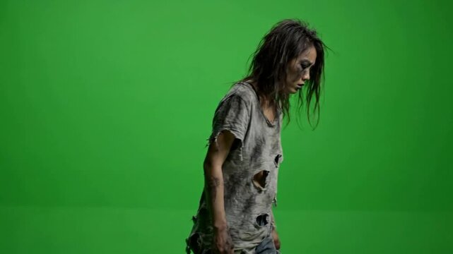 Distressed woman in tattered clothing walking on green screen, post-apocalyptic survivor character for vfx compositing