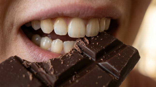 Close up of person biting into dark chocolate bar.