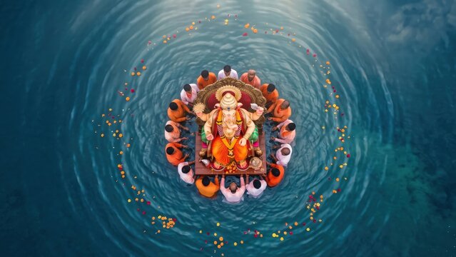Aerial View of Ganesh Visarjan Ceremony in Blue Water