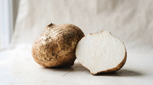 Fresh whole and cut jicama root showing crisp white moist flesh and brown skin on a neutral light background.
