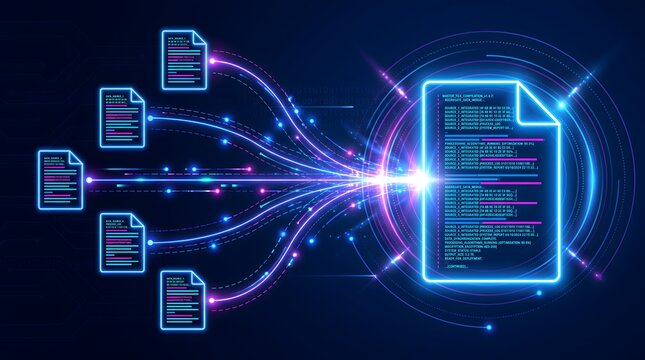 Automated data aggregation process showing multiple digital files merging into comprehensive master document interface.