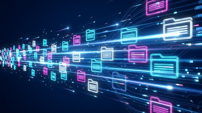 Cloud database migration concept showing massive volume of digital folders flowing through encrypted network streams.
