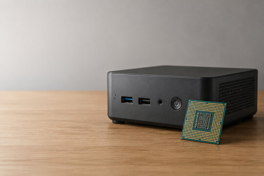 Mini PC with computer chip on desk, technology and compact computing concept