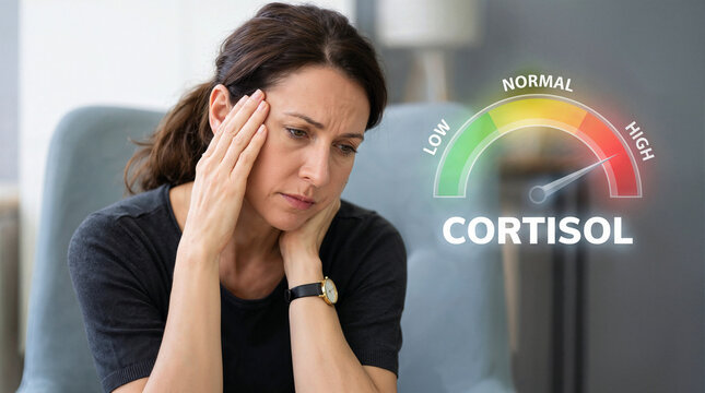 Stressed woman touching her temples beside a high cortisol gauge graphic, illustrating elevated stress hormone levels, anxiety, fatigue and emotional overload.