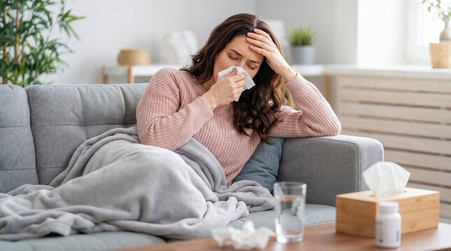 Sick woman resting on a sofa under a blanket while using a tissue, with water and medicine nearby, illustrating cold, flu symptoms and home recovery.