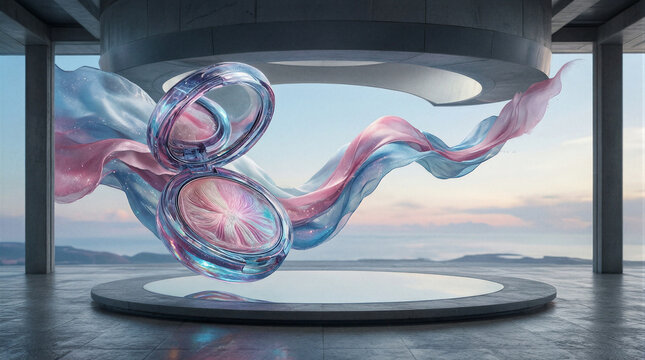 Levitating pastel cosmetic compact surrounded by flowing silk ribbons in a modern architectural advertising display