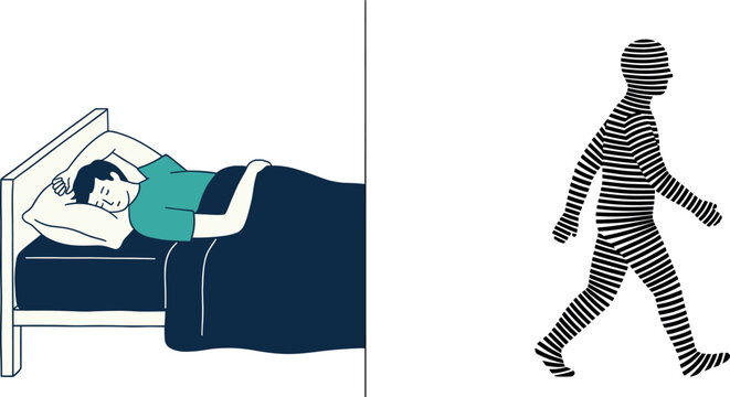 Man awake in bed suffering from insomnia alongside a striped somnambulism silhouette for sleep disorder and sleepwalking concept
