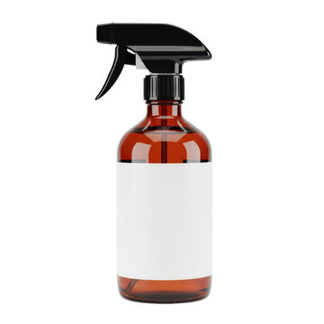 Amber glass spray bottle with blank label for cleaning product isolated on white background