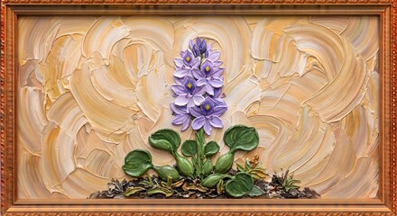 Naklejka premium Vibrant Purple Hyacinth Flower Textured Impasto Botanical Painting in Golden Frame